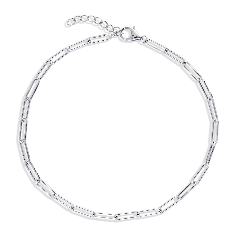 Paperclip Link Chain Anklet in Sterling Silver, Rhodium Plated