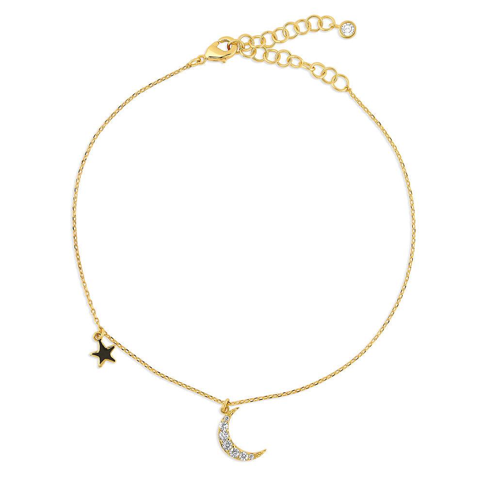Crescent Moon Star CZ Rolo Chain Charm Anklet, Gold-tone