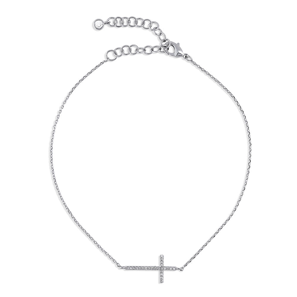 Sideways Cross CZ Rolo Chain Charm Anklet, Silver-tone