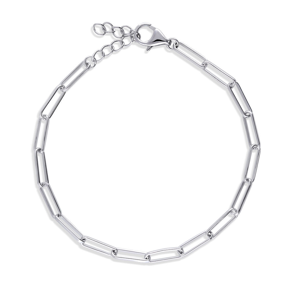 Paperclip Link Chain Bracelet in Sterling Silver 3mm, Rhodium Plated