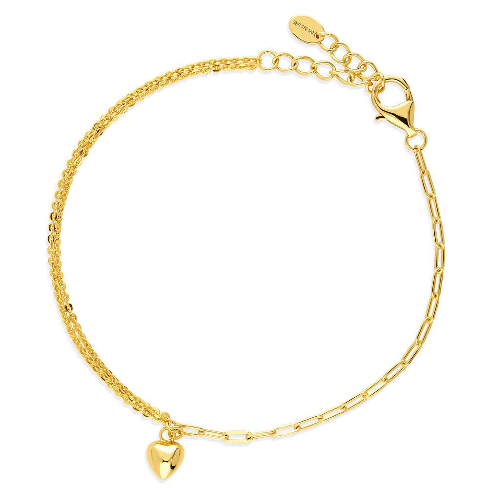 Heart Paperclip Charm Bracelet in Sterling Silver, Gold Flashed