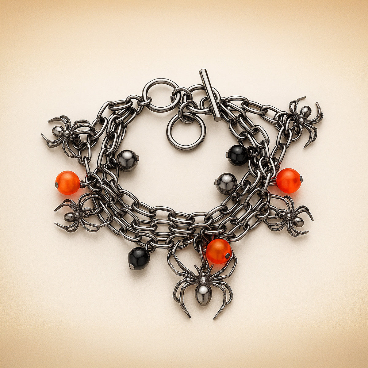 Dark metal chain bracelet with spider charms and orange, black, and silver beads on a light background.