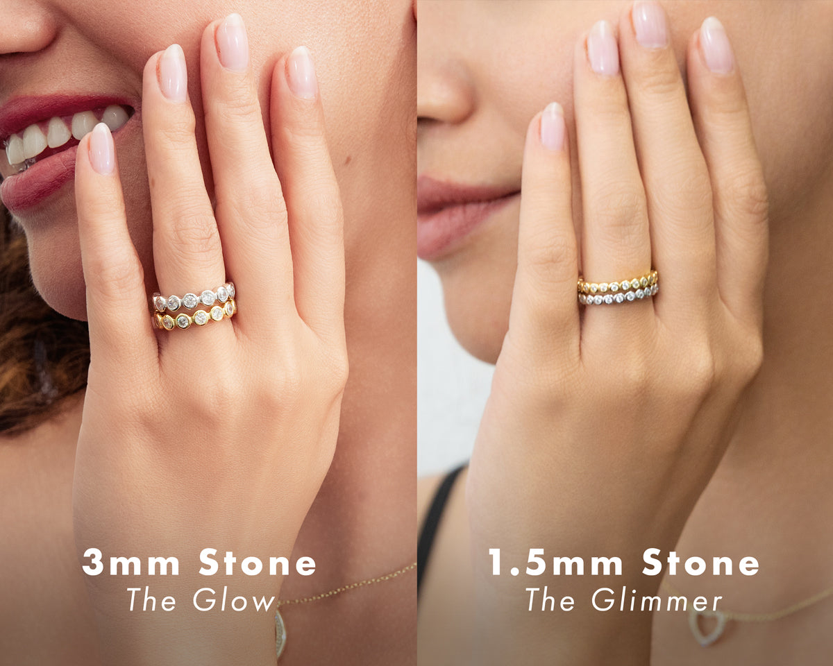 Ring stone size guide showing difference between 1.5mm and 3mm bezel set stones. Comparison of "The Glow" (3mm) and "The Glimmer" (1.5mm) eternity bands worn on a finger.