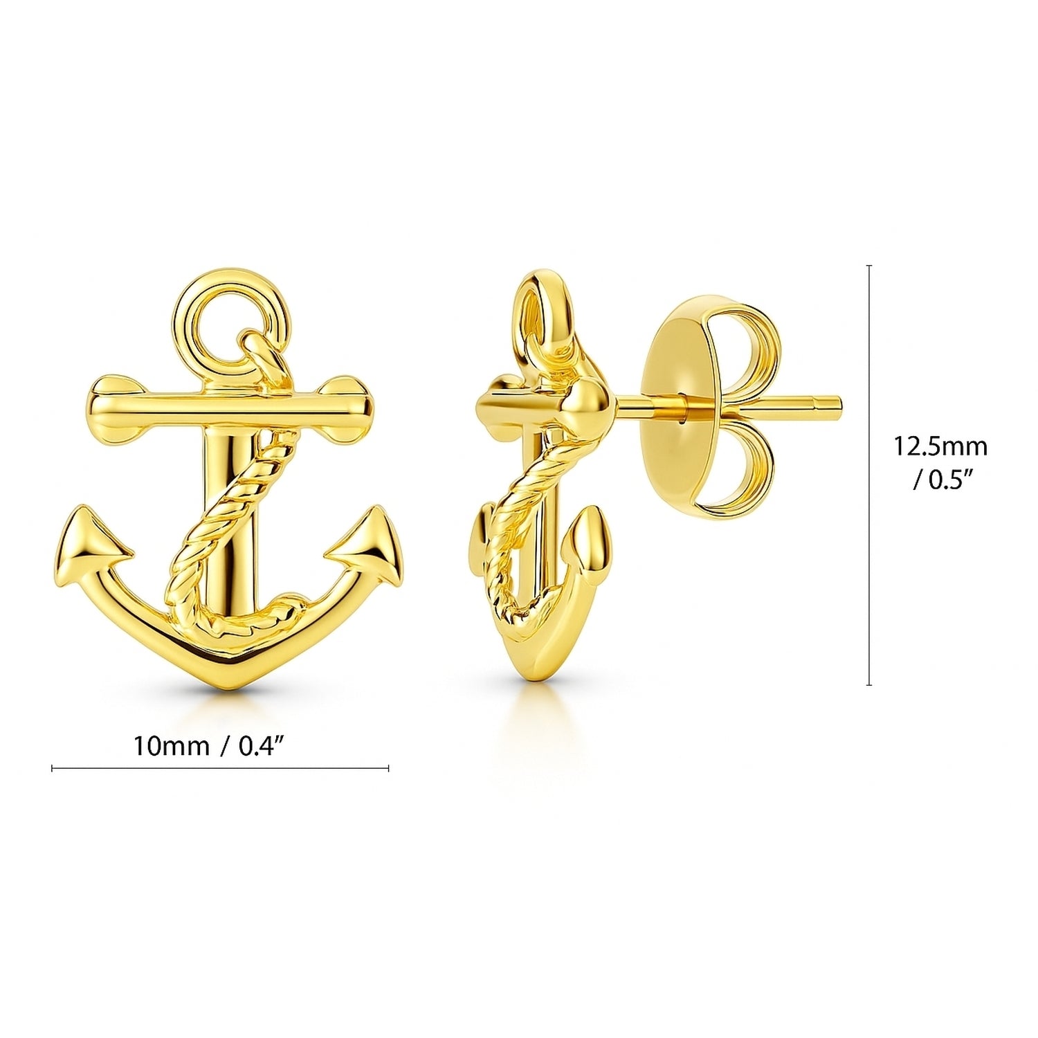 Anchor Stud Earrings in Gold Flashed Sterling Silver, 2 Pairs