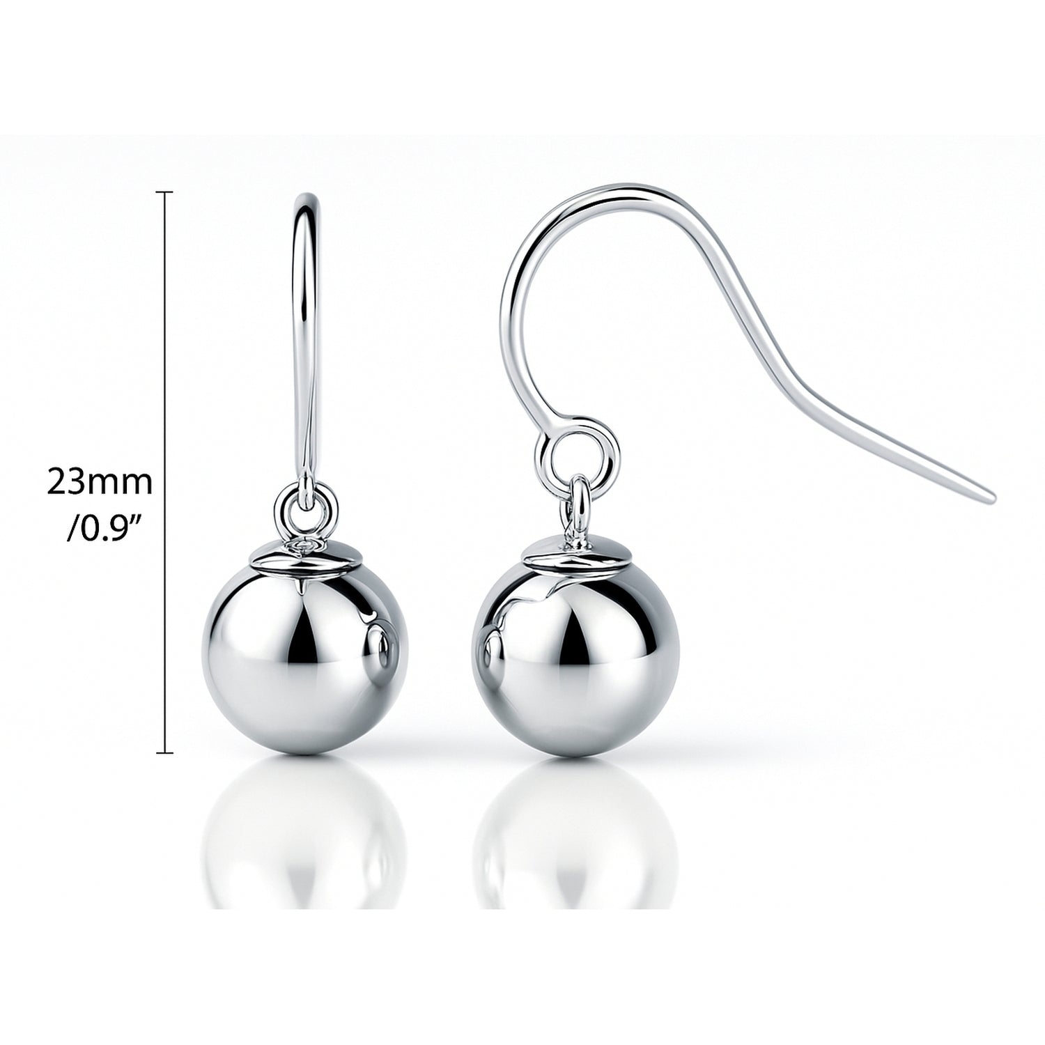 Ball Bead Fish Hook Earrings in Sterling Silver, Rhodium Plated