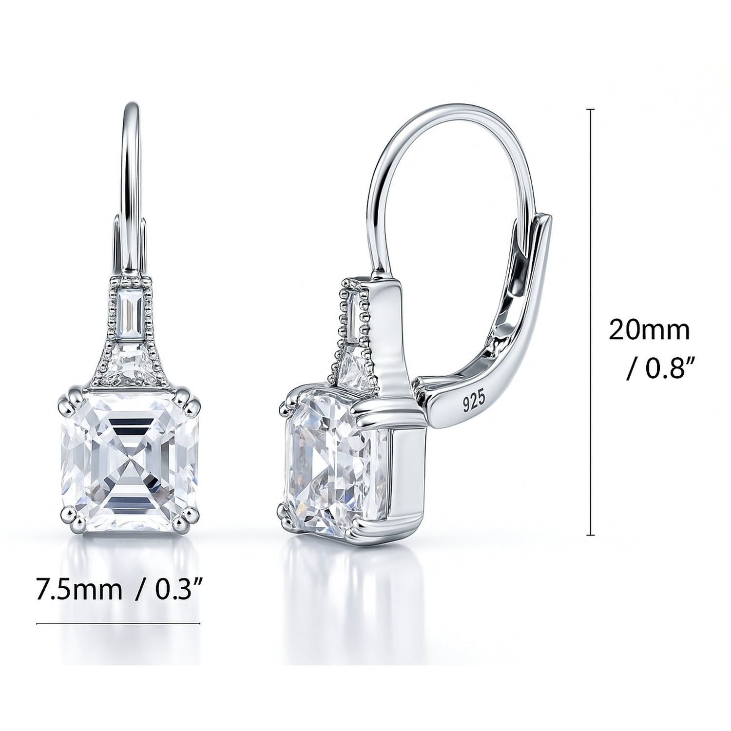 Solitaire 4ct Asscher CZ Leverback Earrings in Sterling Silver