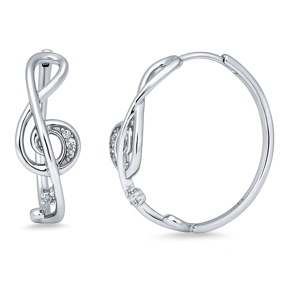 Treble Clef Music Note CZ Hoop Earrings in Sterling Silver 0.9"