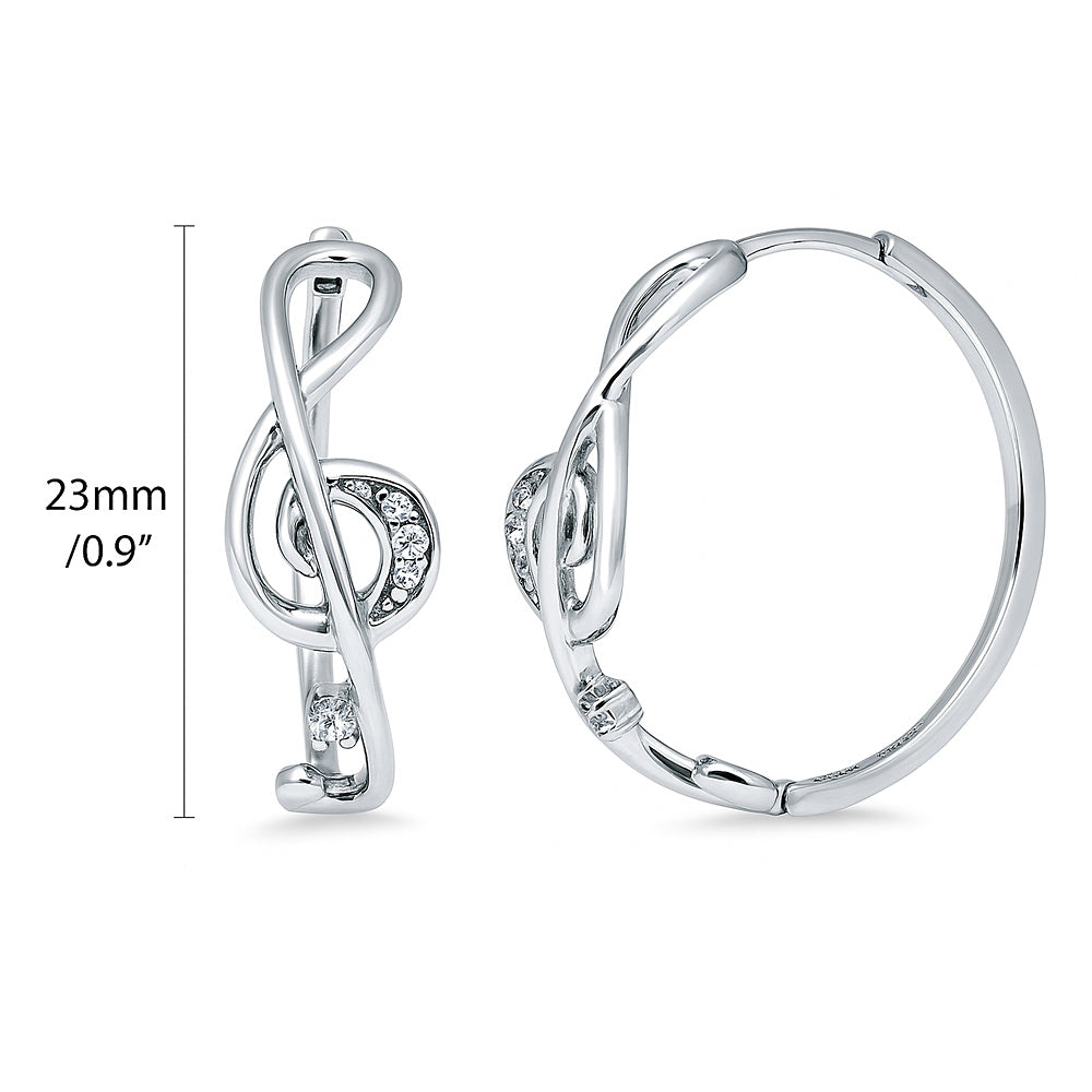 Treble Clef Music Note CZ Hoop Earrings in Sterling Silver 0.9"