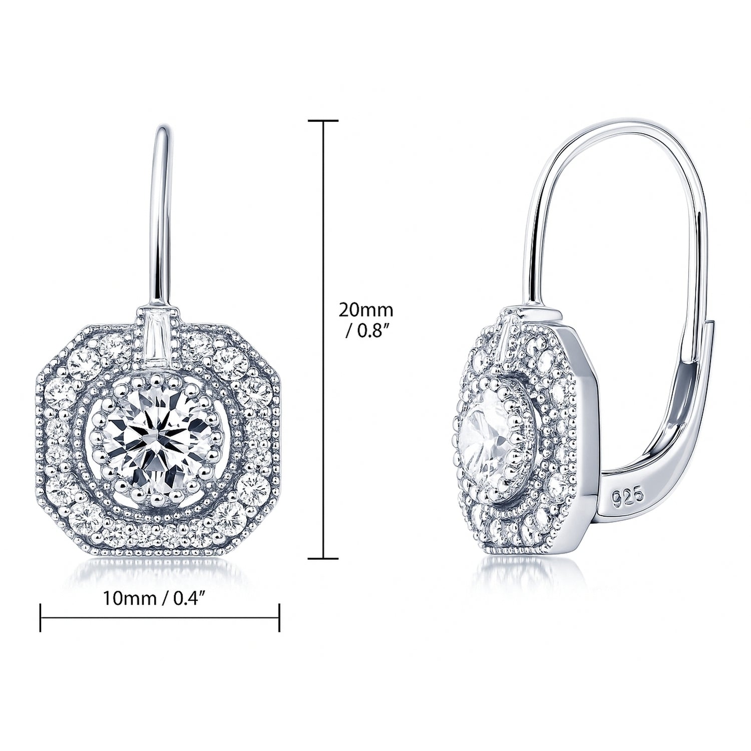Art Deco CZ Leverback Earrings in Sterling Silver