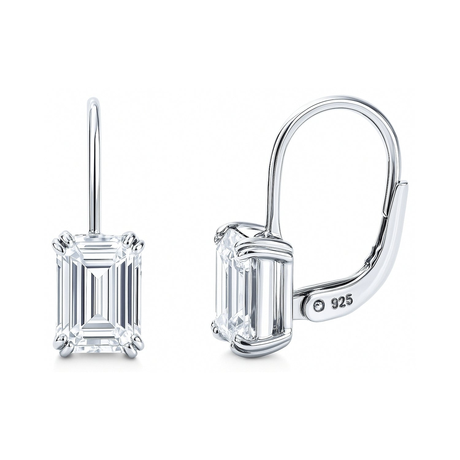 Solitaire Emerald Cut CZ Leverback Earrings in Sterling Silver, Rhodium Plated