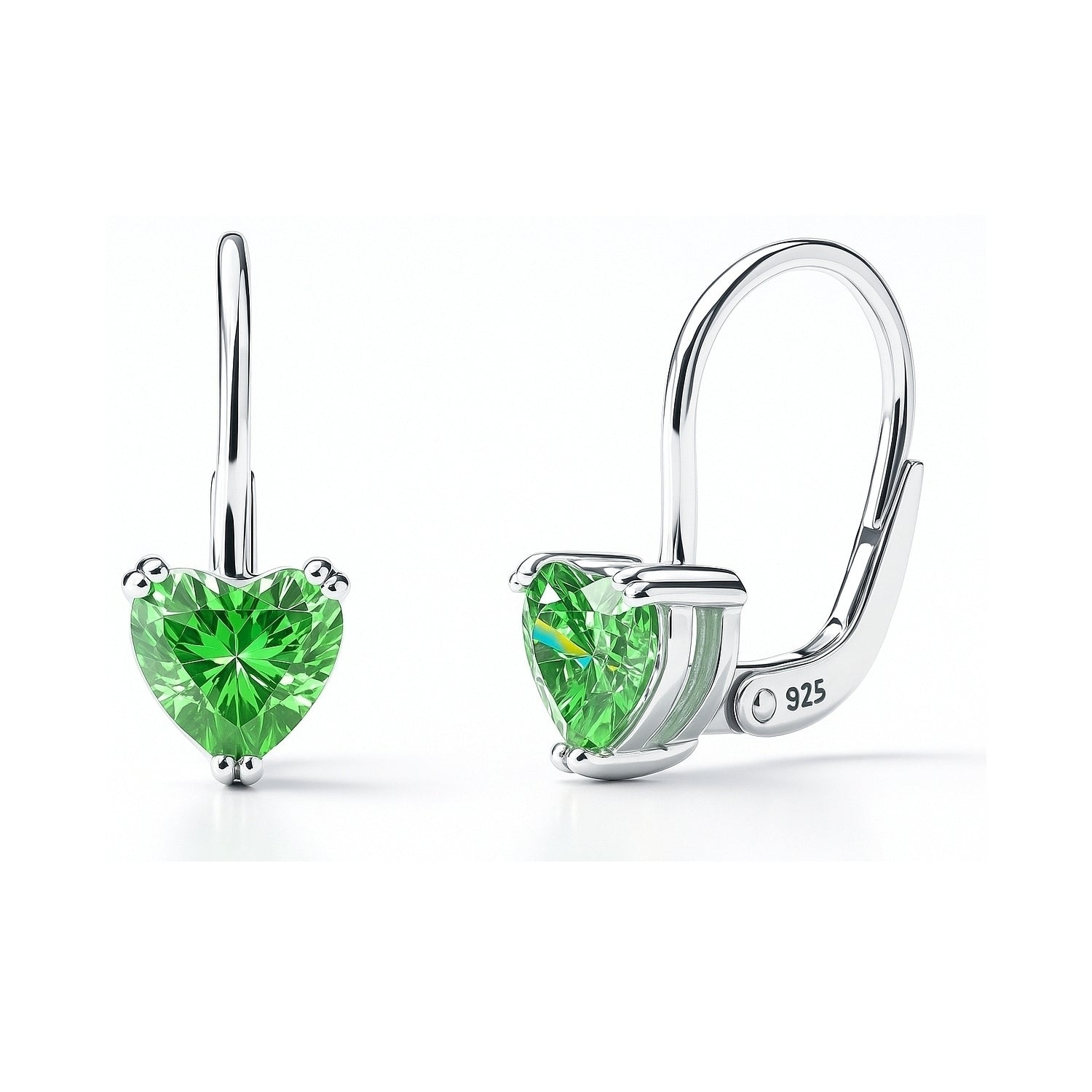 Solitaire Heart Heart CZ Leverback Earrings in Sterling Silver, Green Color