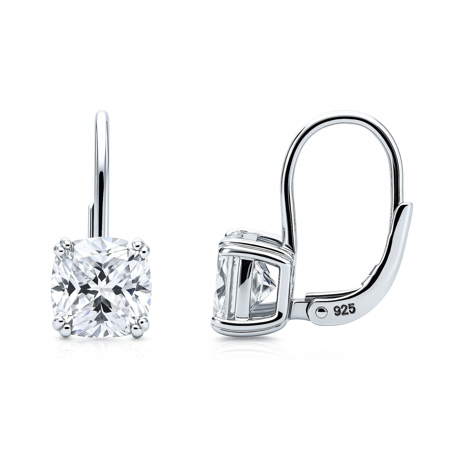 Solitaire 4ct Cushion CZ Leverback Earrings in Sterling Silver, Rhodium Plated