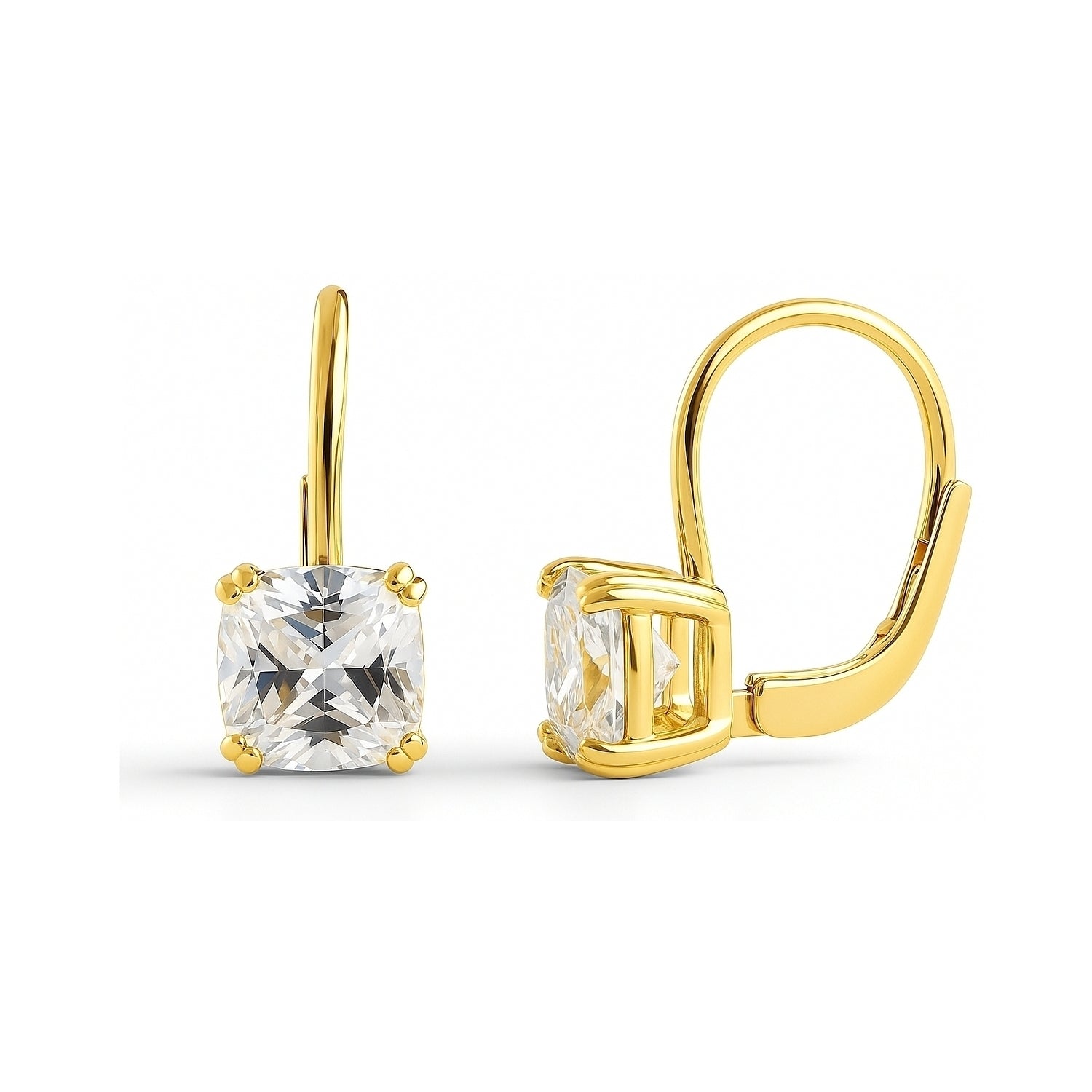 Solitaire 4ct Cushion CZ Leverback Earrings in Sterling Silver, Yellow Gold Flashed