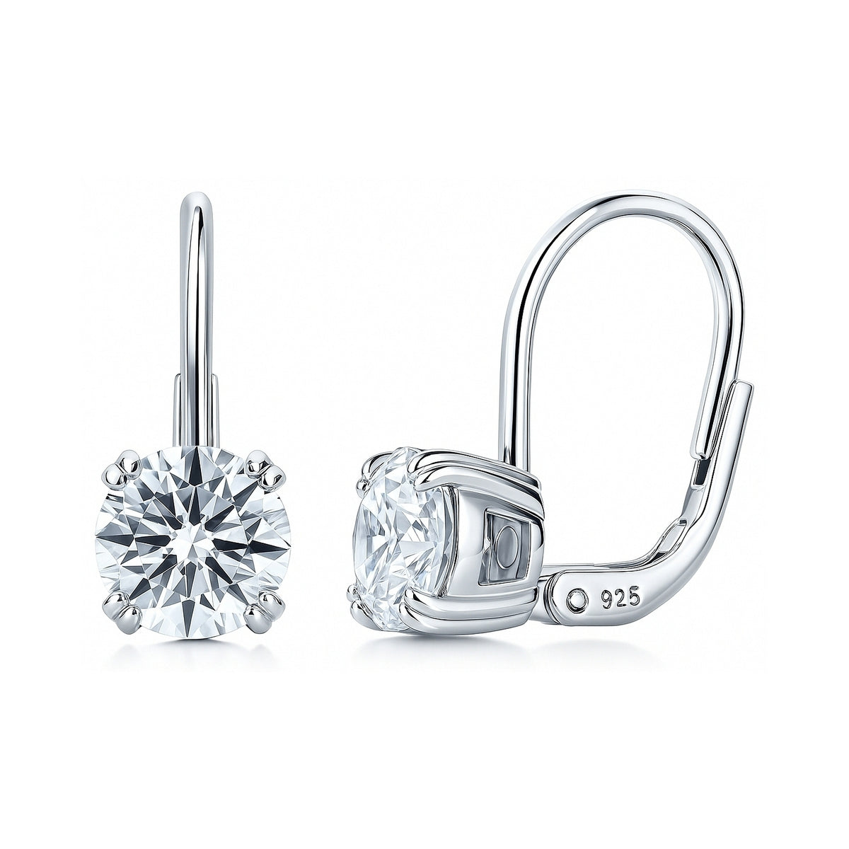 Solitaire CZ Leverback Earrings in Sterling Silver, Rhodium Plated / 7mm