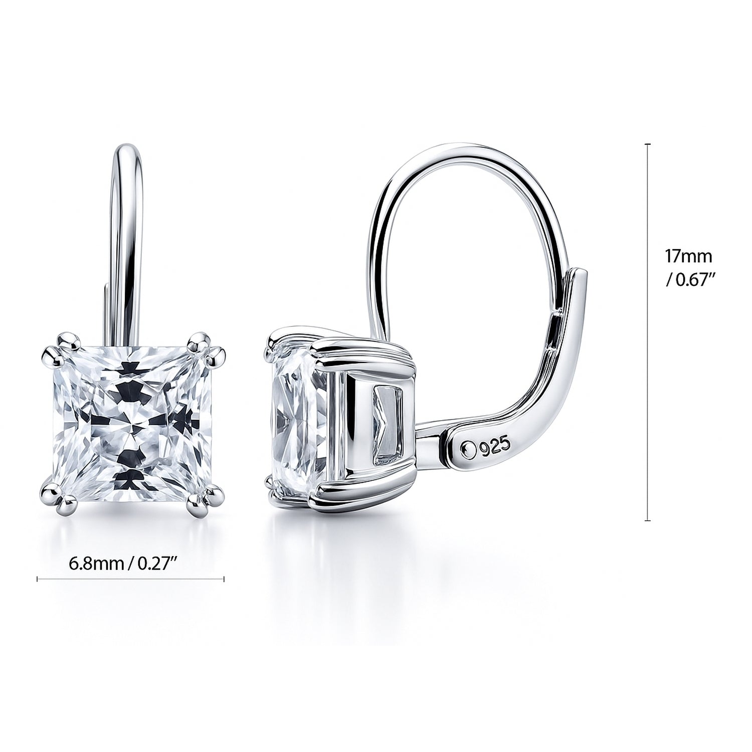 Solitaire 4ct Princess CZ Leverback Earrings in Sterling Silver, Rhodium Plated