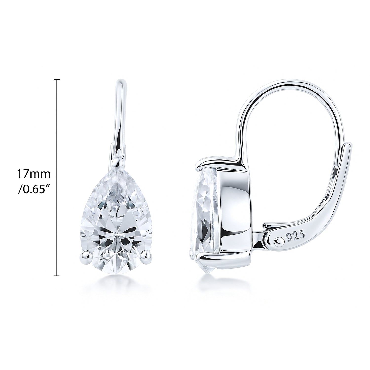 Solitaire 1.6-2.6ct Pear CZ Leverback Earrings in Sterling Silver, Clear