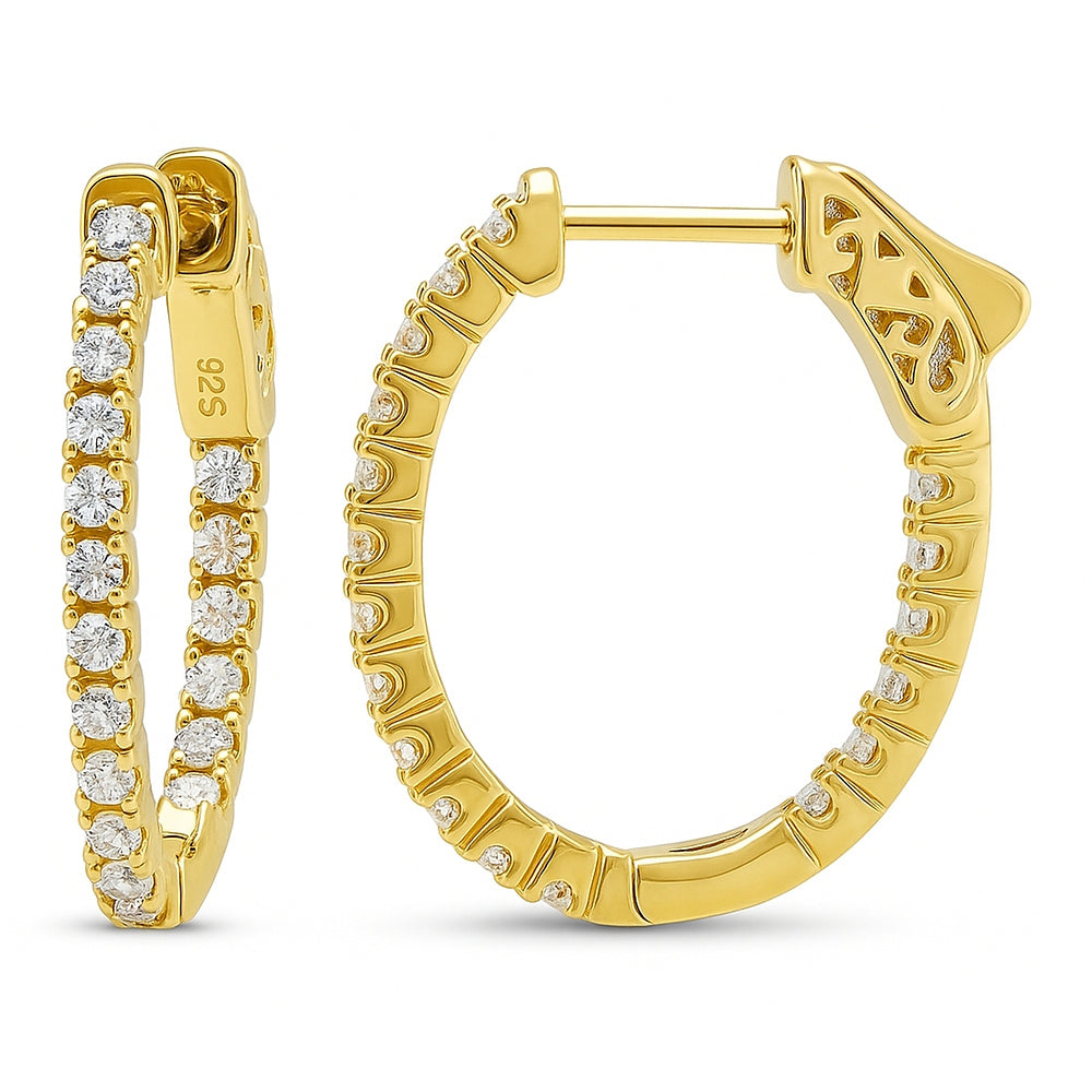 Oval CZ Small Inside-Out Hoop Earrings in Sterling Silver 0.8 inch, Yellow Gold Flashed