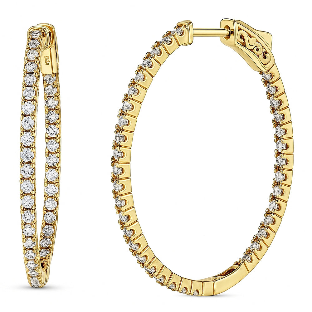 Oval CZ Inside-Out Hoop Earrings in Sterling Silver 1.4 inch, Yellow Gold Flashed