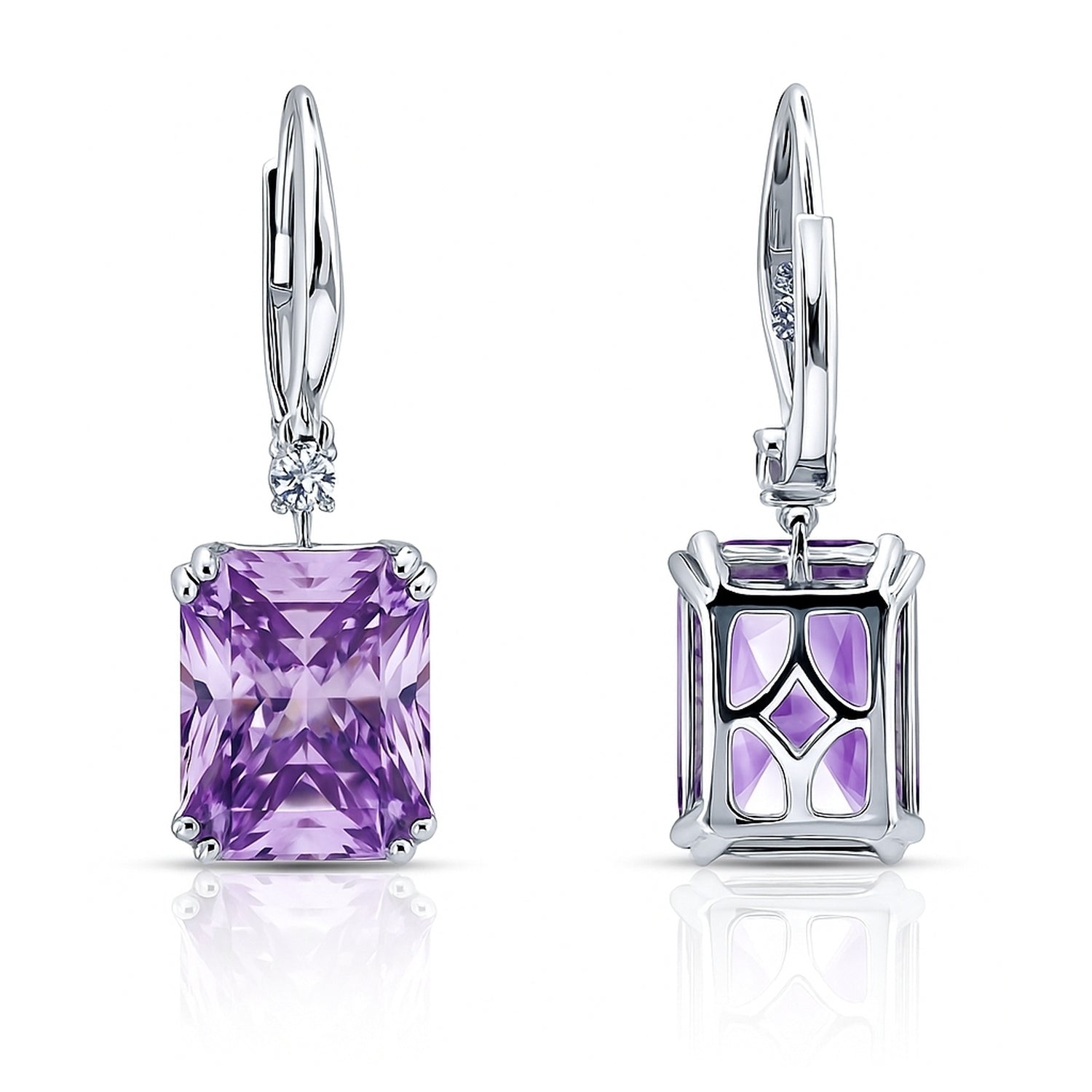 Solitaire Purple Radiant CZ Leverback Earrings in Sterling Silver