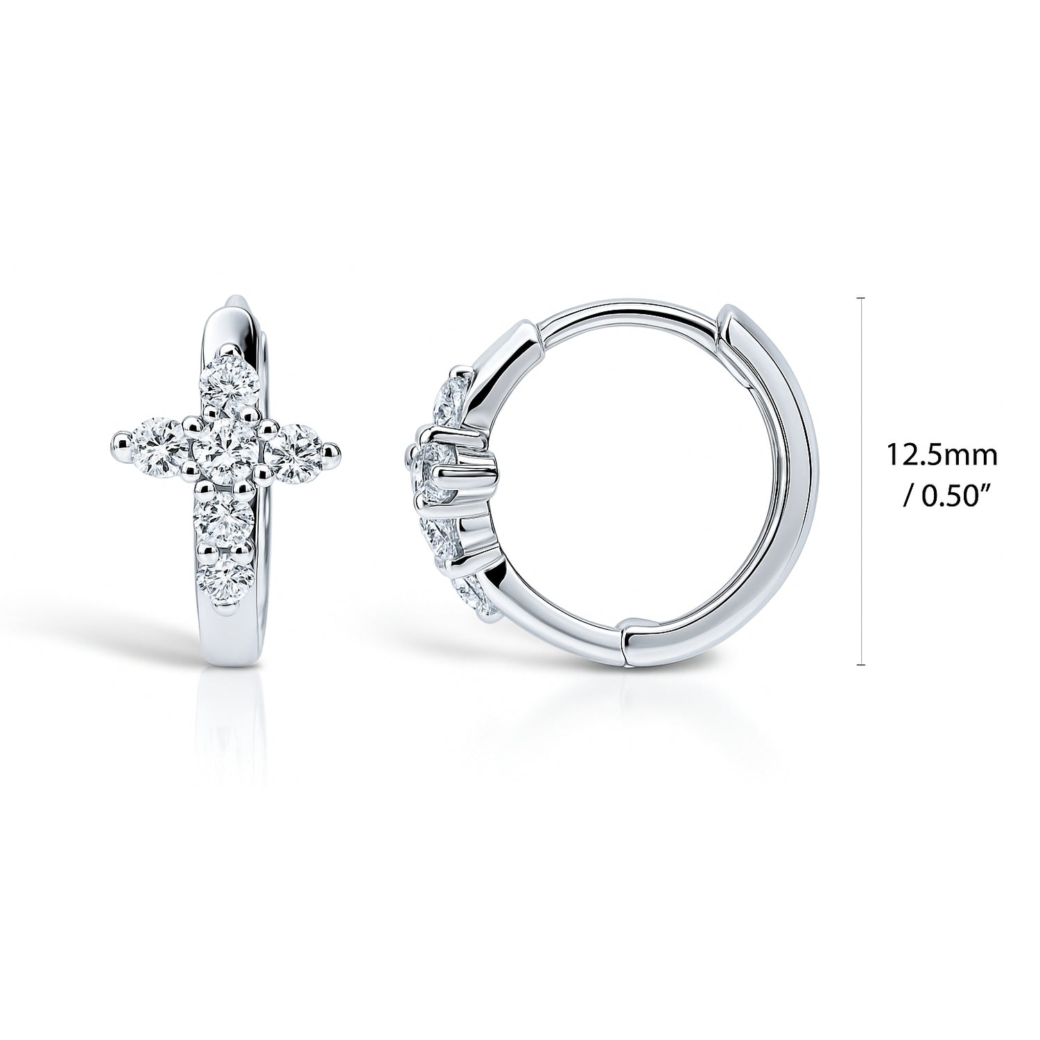Cross CZ Mini Huggie Earrings in Sterling Silver 0.5 inch, Rhodium Plated