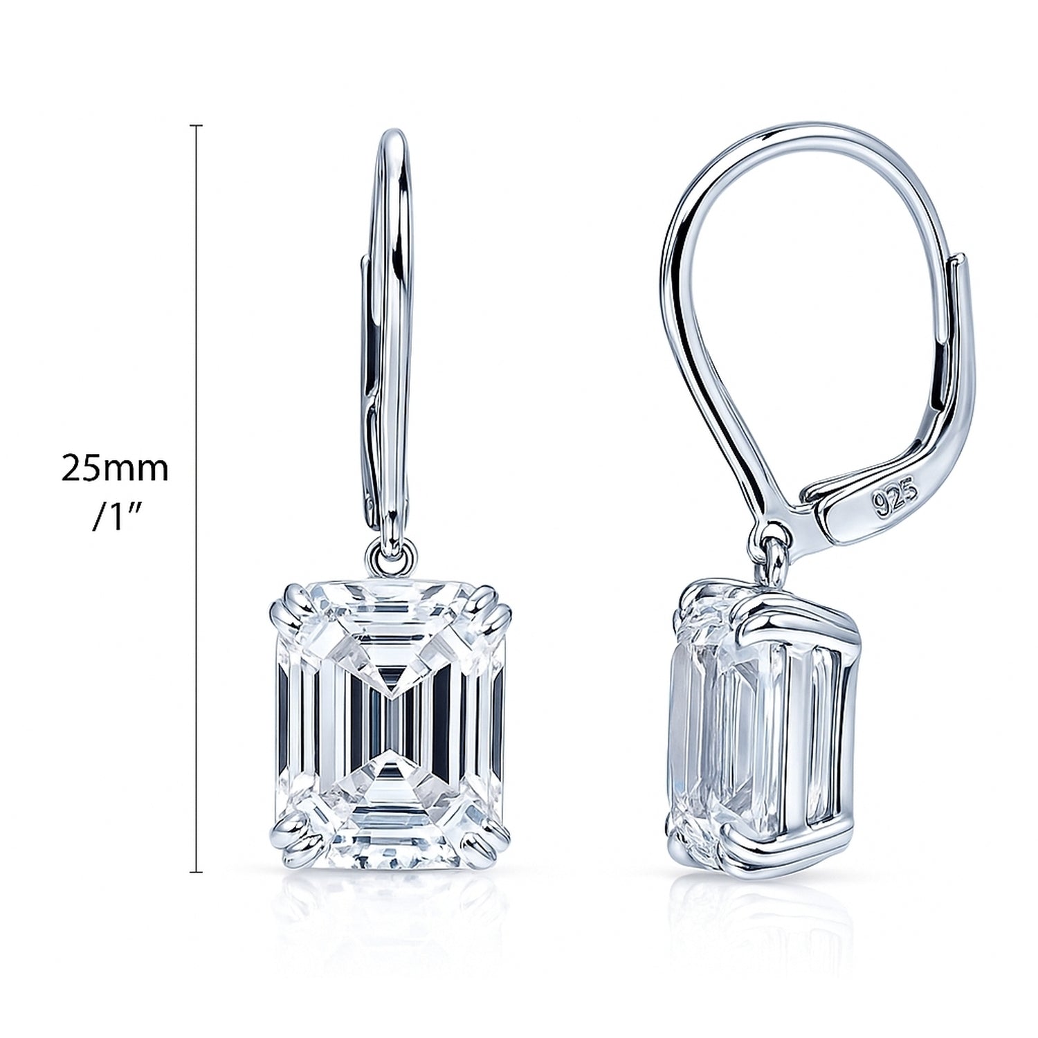 Solitaire Emerald Cut CZ Leverback Earrings in Sterling Silver, Rhodium Plated