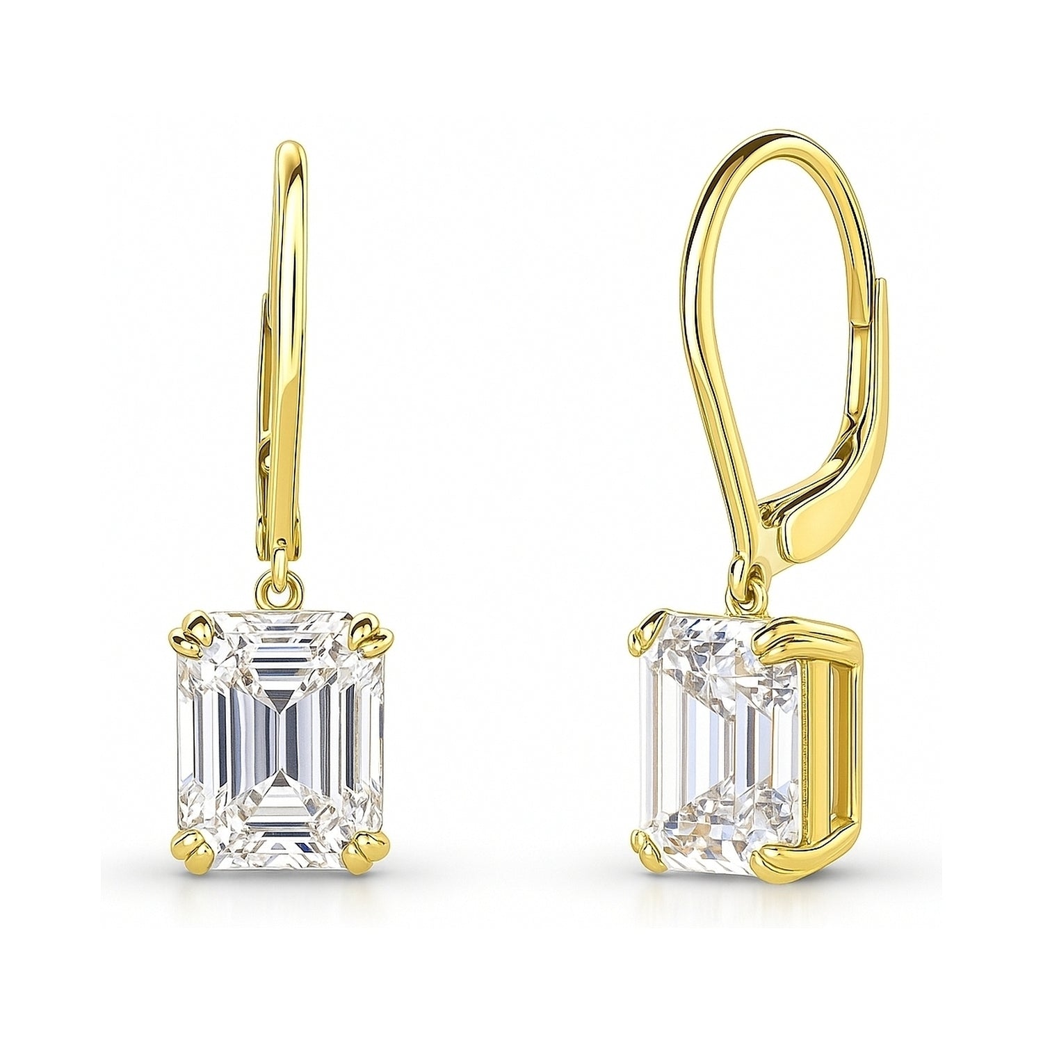 Solitaire Emerald Cut CZ Leverback Earrings in Sterling Silver, Yellow Gold Flashed