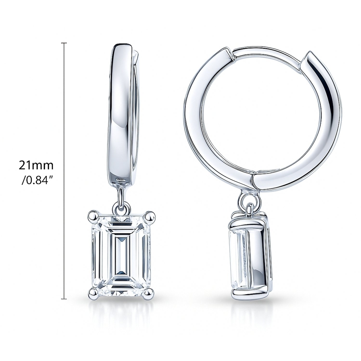 Solitaire CZ Cartilage Huggie Earrings in Sterling Silver 0.5 inch, Rhodium Plated / Emerald Cut