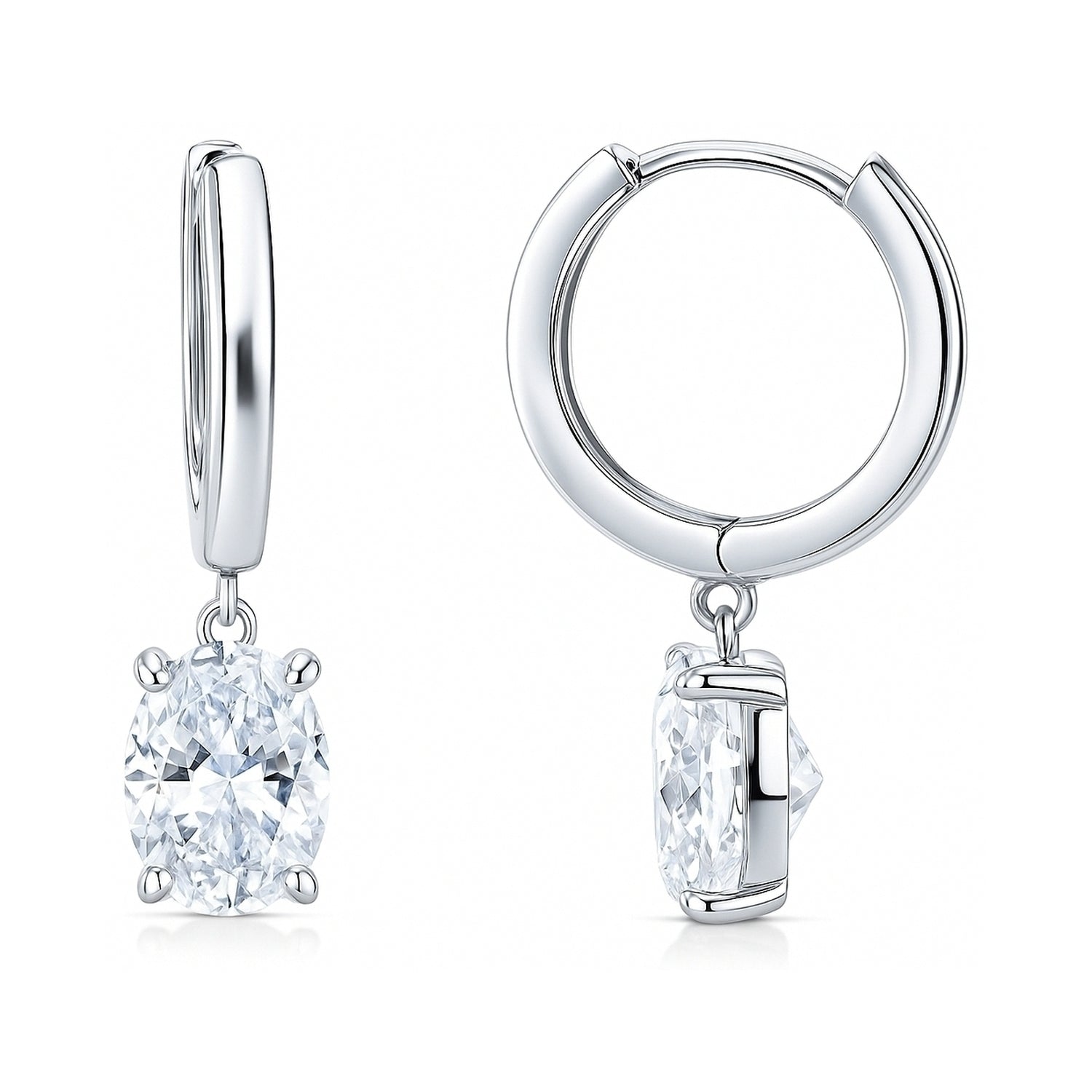 Solitaire CZ Cartilage Huggie Earrings in Sterling Silver 0.5 inch, Rhodium Plated / Oval Cut