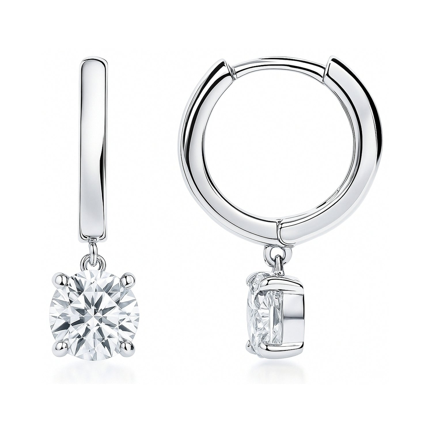 Solitaire CZ Cartilage Huggie Earrings in Sterling Silver 0.5 inch, Rhodium Plated / Round Cut