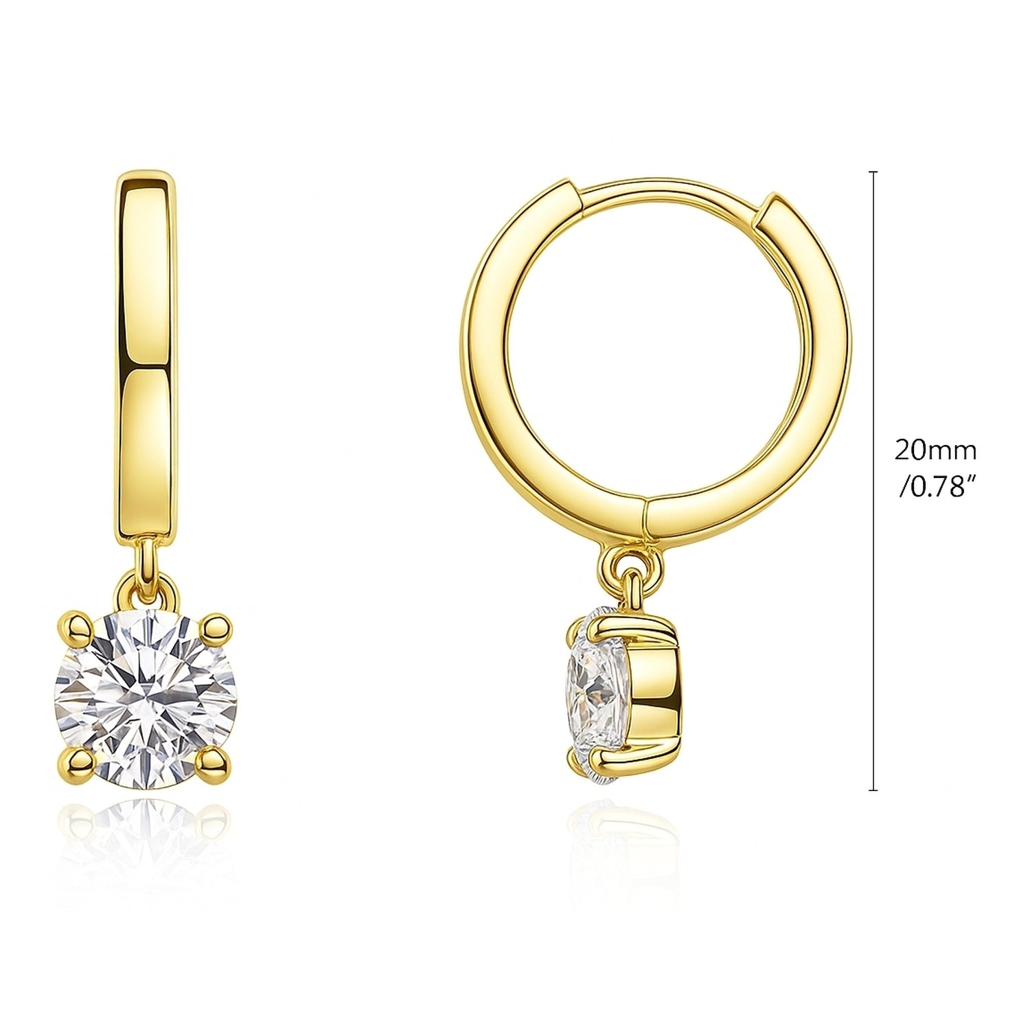 Solitaire CZ Cartilage Huggie Earrings in Sterling Silver 0.5 inch, Yellow Gold Flashed / Round Cut