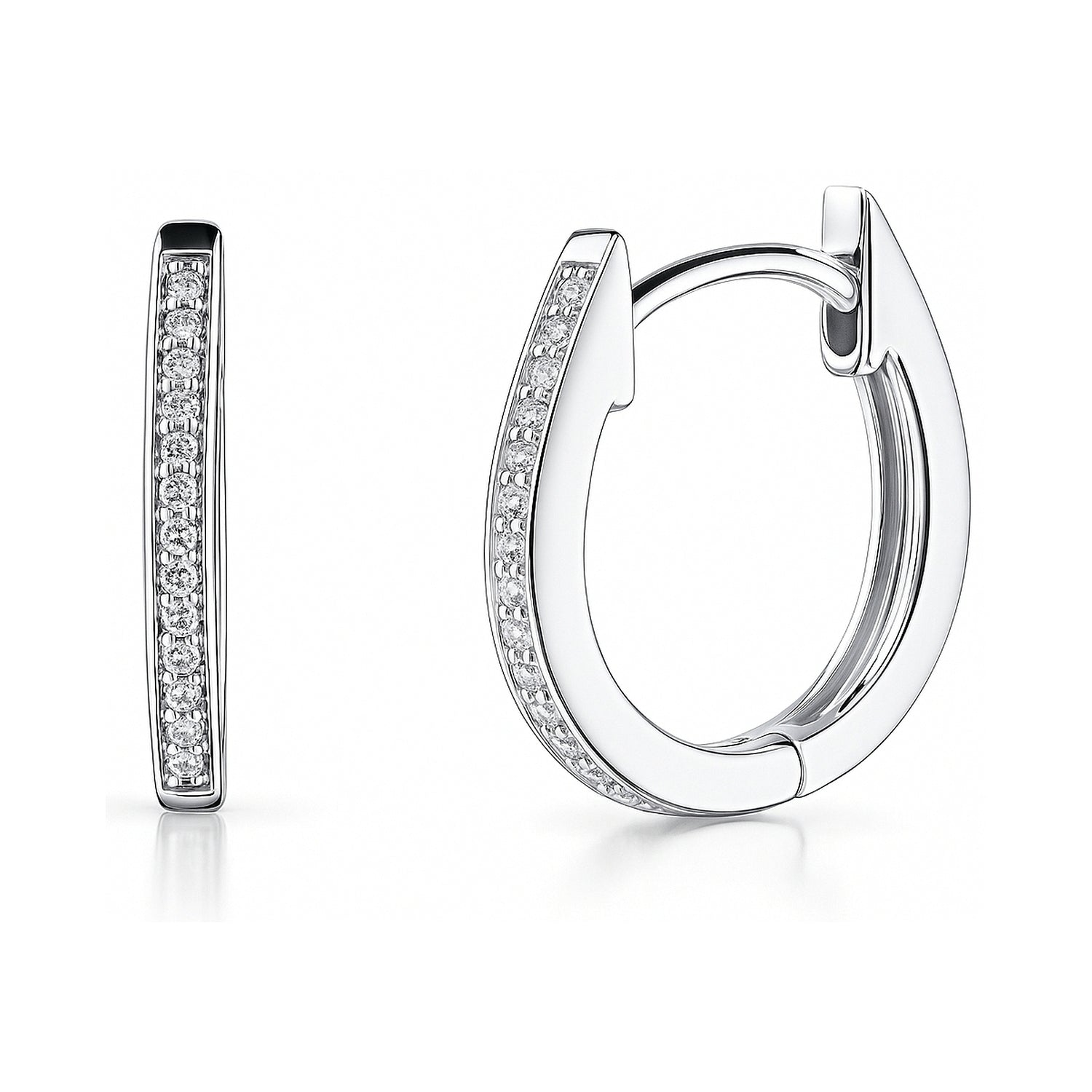 Oval Bar CZ Small Hoop Earrings in Sterling Silver 0.6 inch, Rhodium Plated
