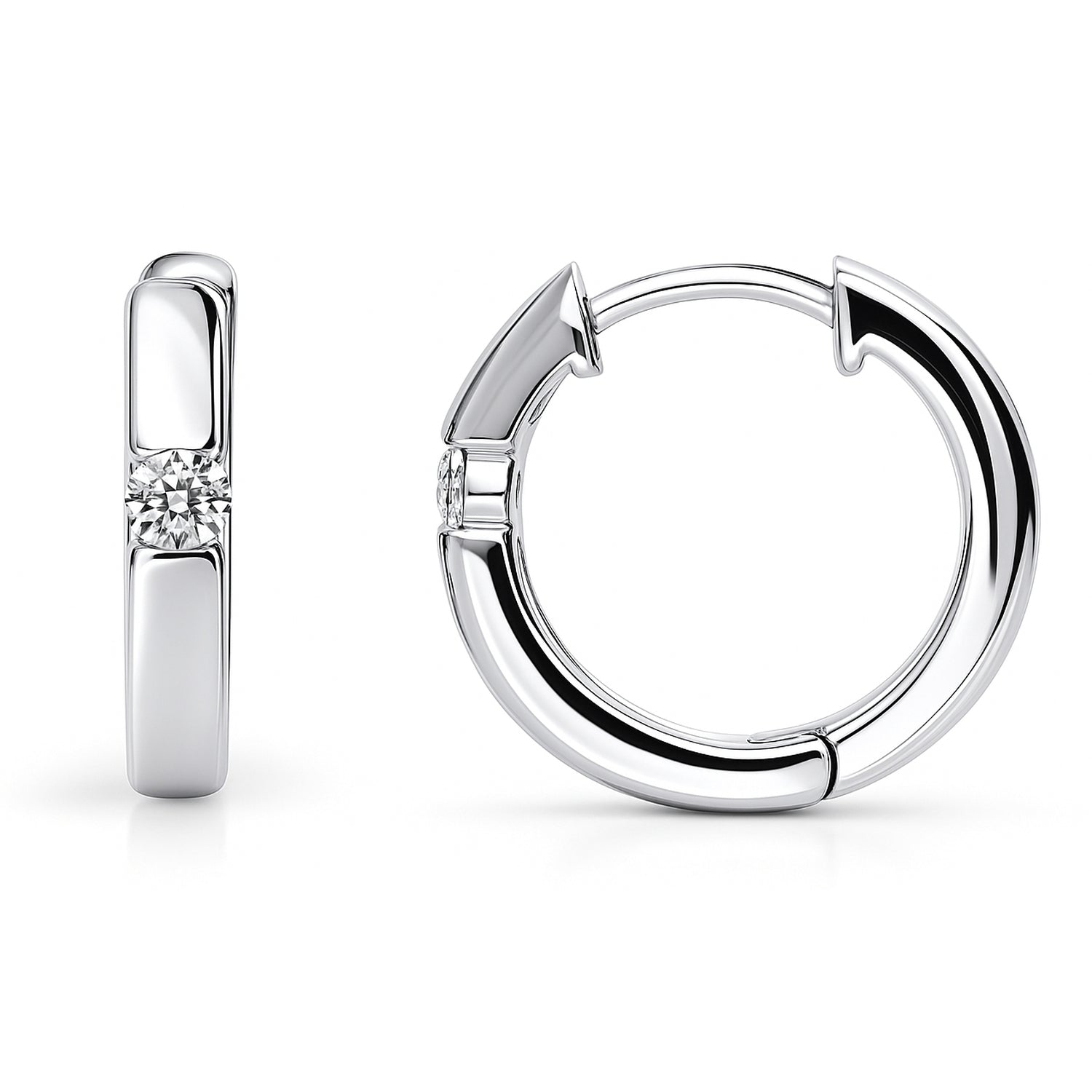 Solitaire CZ Small Hoop Earrings in Sterling Silver 0.6 inch, Rhodium Plated
