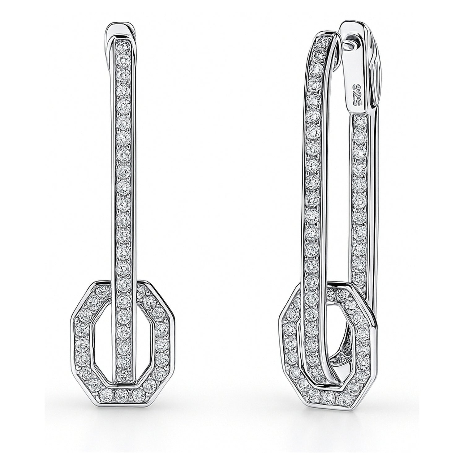 Rectangle CZ Inside-Out Hoop Earrings in Sterling Silver 1.3"