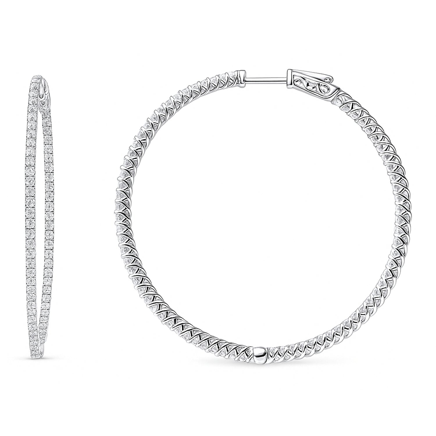 CZ Large Inside-Out Hoop Earrings in Sterling Silver 2 inch, Rhodium Plated