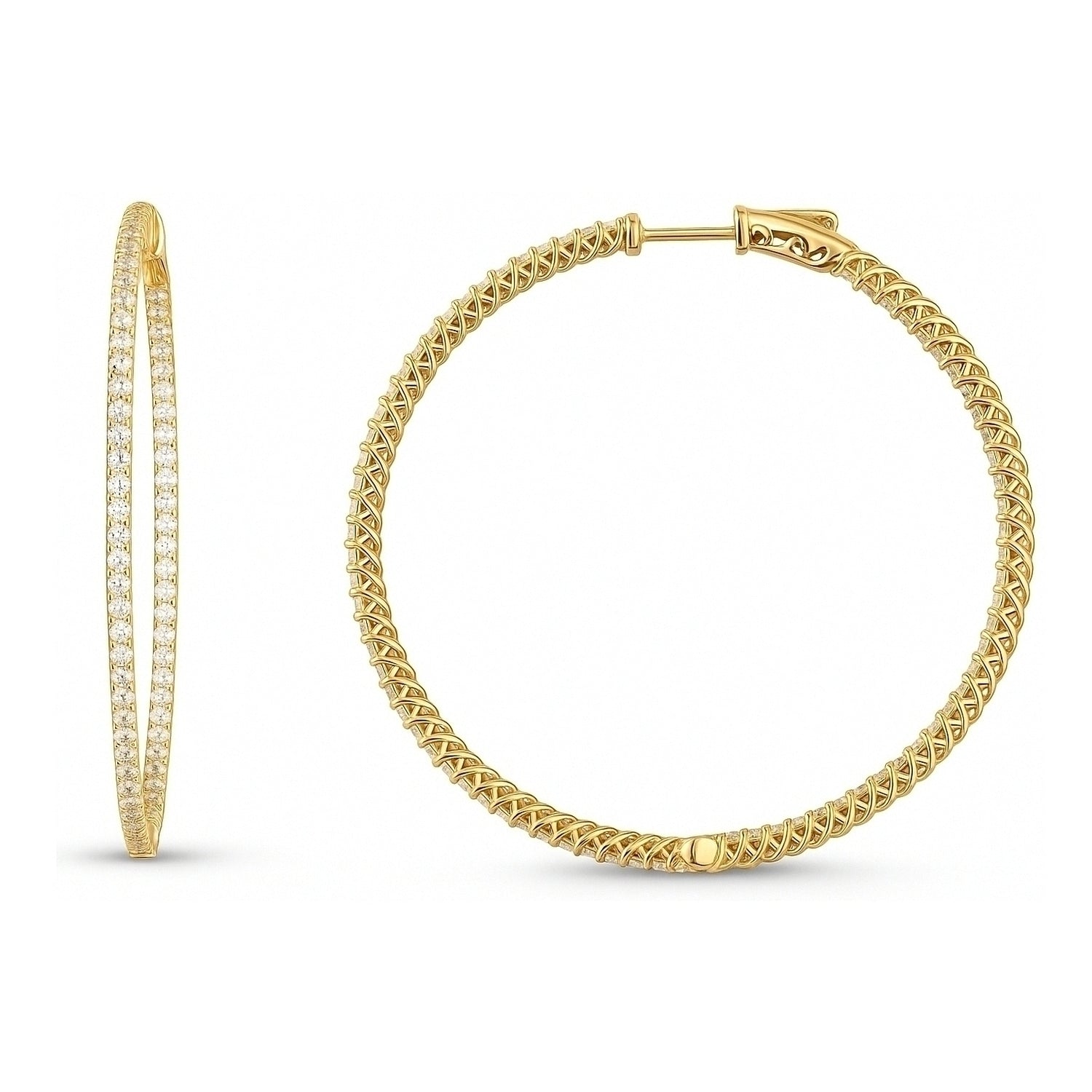 CZ Large Inside-Out Hoop Earrings in Sterling Silver 2 inch, Yellow Gold Flashed