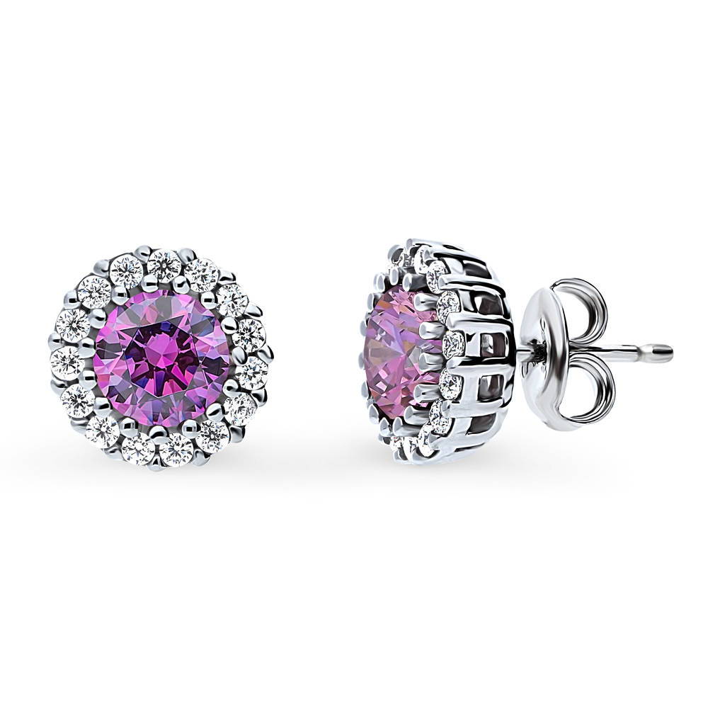 Halo Kaleidoscope CZ Stud Earrings in Sterling Silver, Purple Color