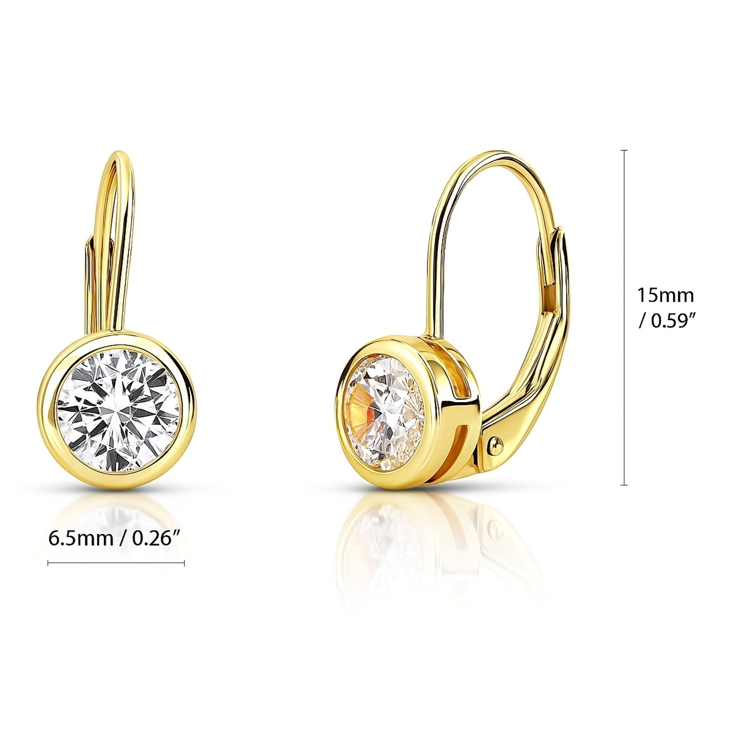 Solitaire 1.2ct Bezel CZ Leverback Earrings in Sterling Silver, Yellow Gold Flashed