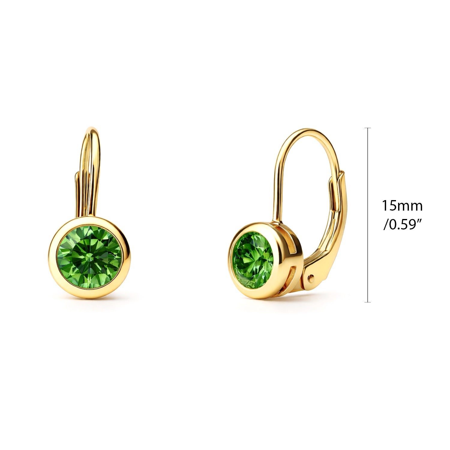 Solitaire 1.2ct Bezel CZ Leverback Earrings in Sterling Silver, Green, Gold Flashed