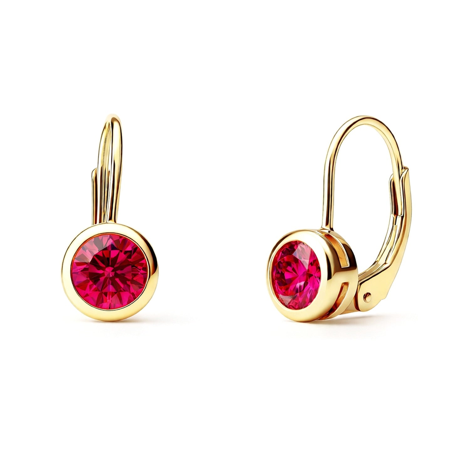 Solitaire 1.2ct Bezel CZ Leverback Earrings in Sterling Silver, Ruby, Gold Flashed