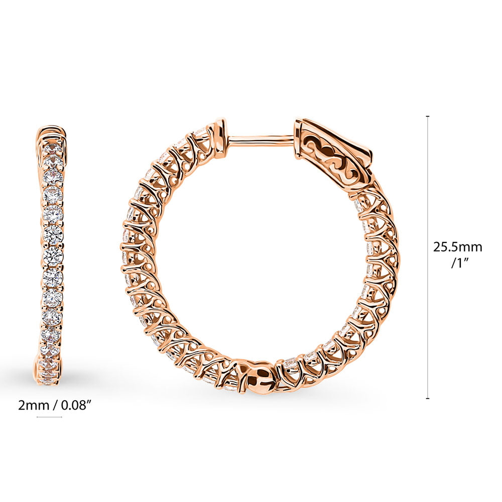 Angle view of CZ Small Inside-Out Hoop Earrings in Sterling Silver 1 inch, Rose Gold Flashed