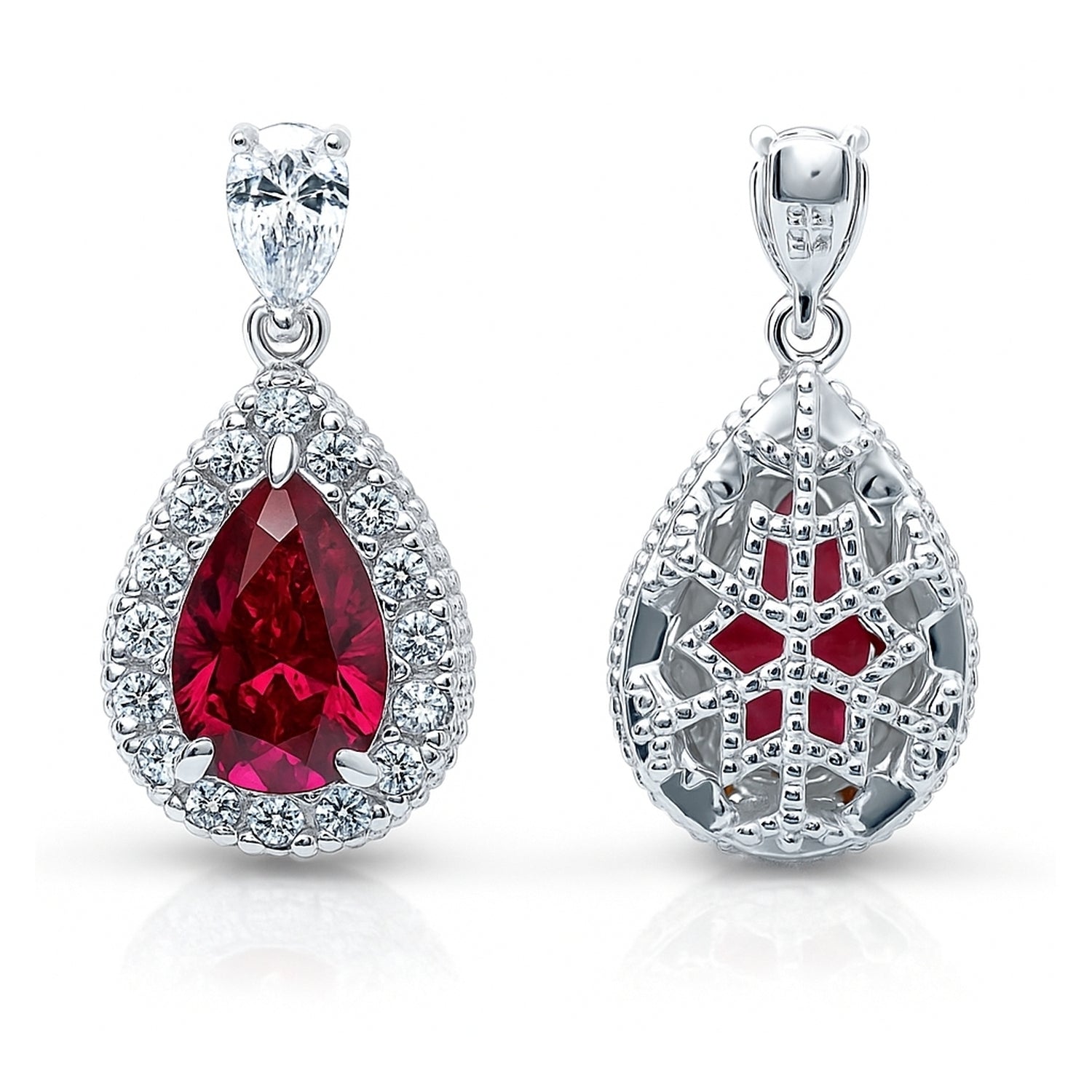Halo Pear CZ Earrings in Sterling Silver, Red Color