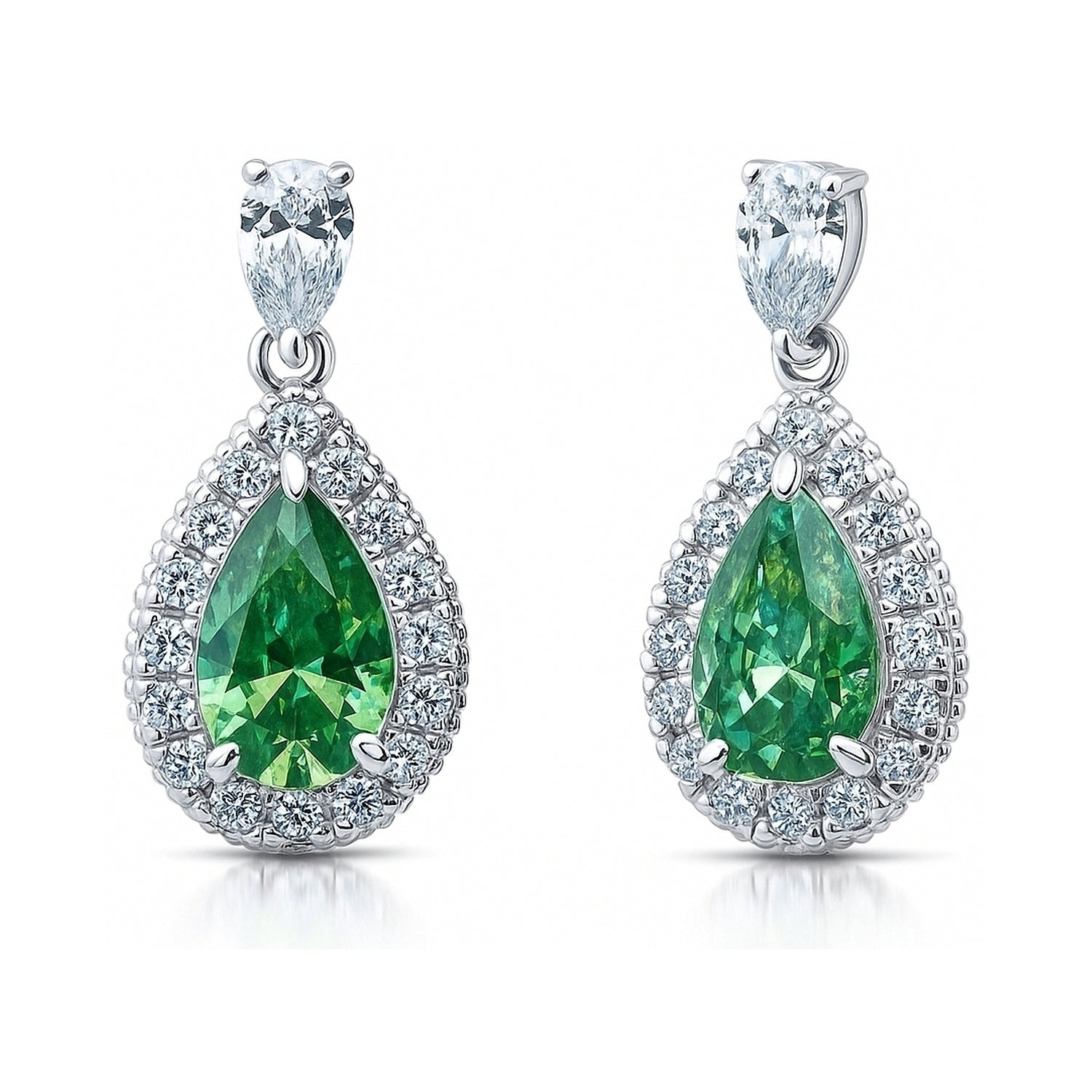 Halo Pear CZ Earrings in Sterling Silver, Green Color