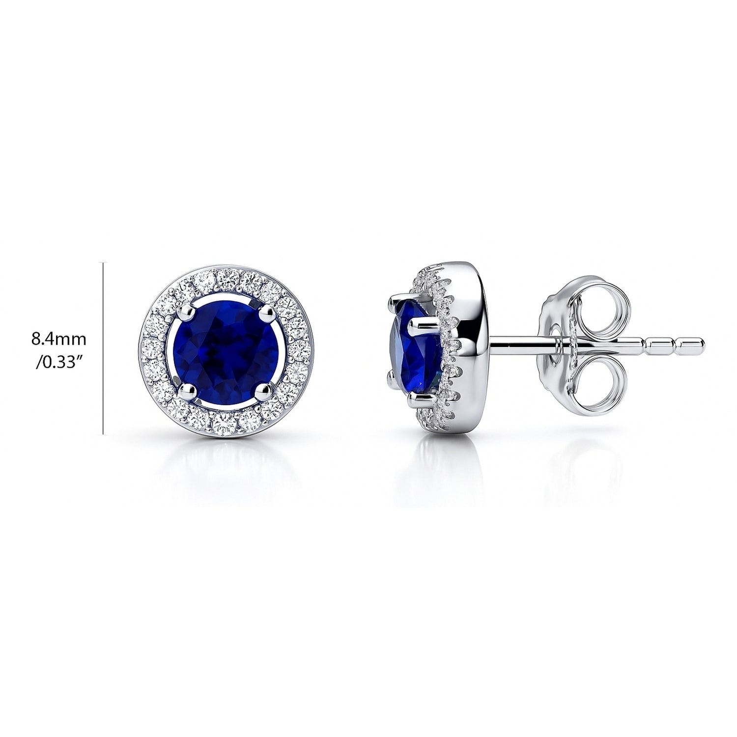 Halo CZ Stud Earrings in Sterling Silver, Sapphire Color