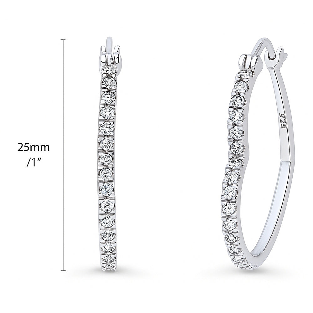 Heart CZ Small Hoop Earrings in Sterling Silver 1"