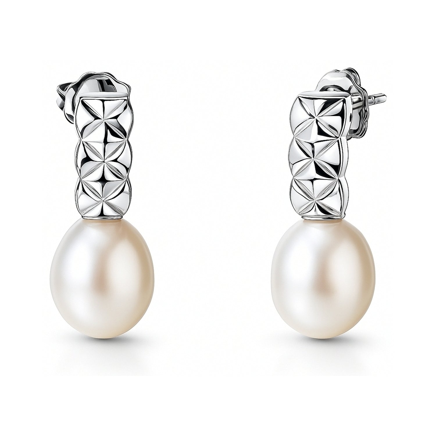 Solitaire Baroque Cultured Pearl Stud Earrings in Sterling Silver, Rhodium Plated