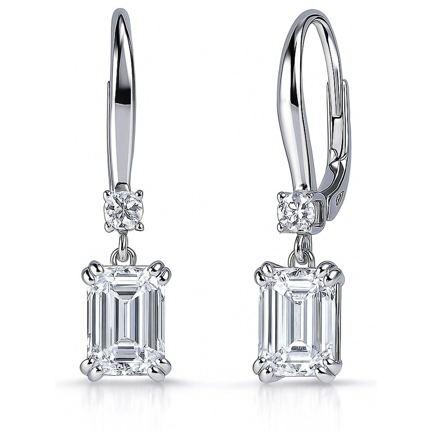 Solitaire Emerald Cut CZ Leverback Earrings in Sterling Silver, Rhodium Plated