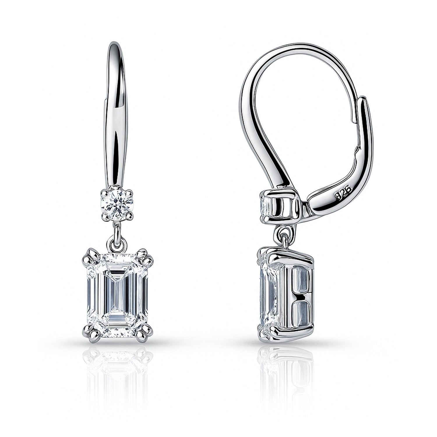 Solitaire Emerald Cut CZ Leverback Earrings in Sterling Silver, Rhodium Plated