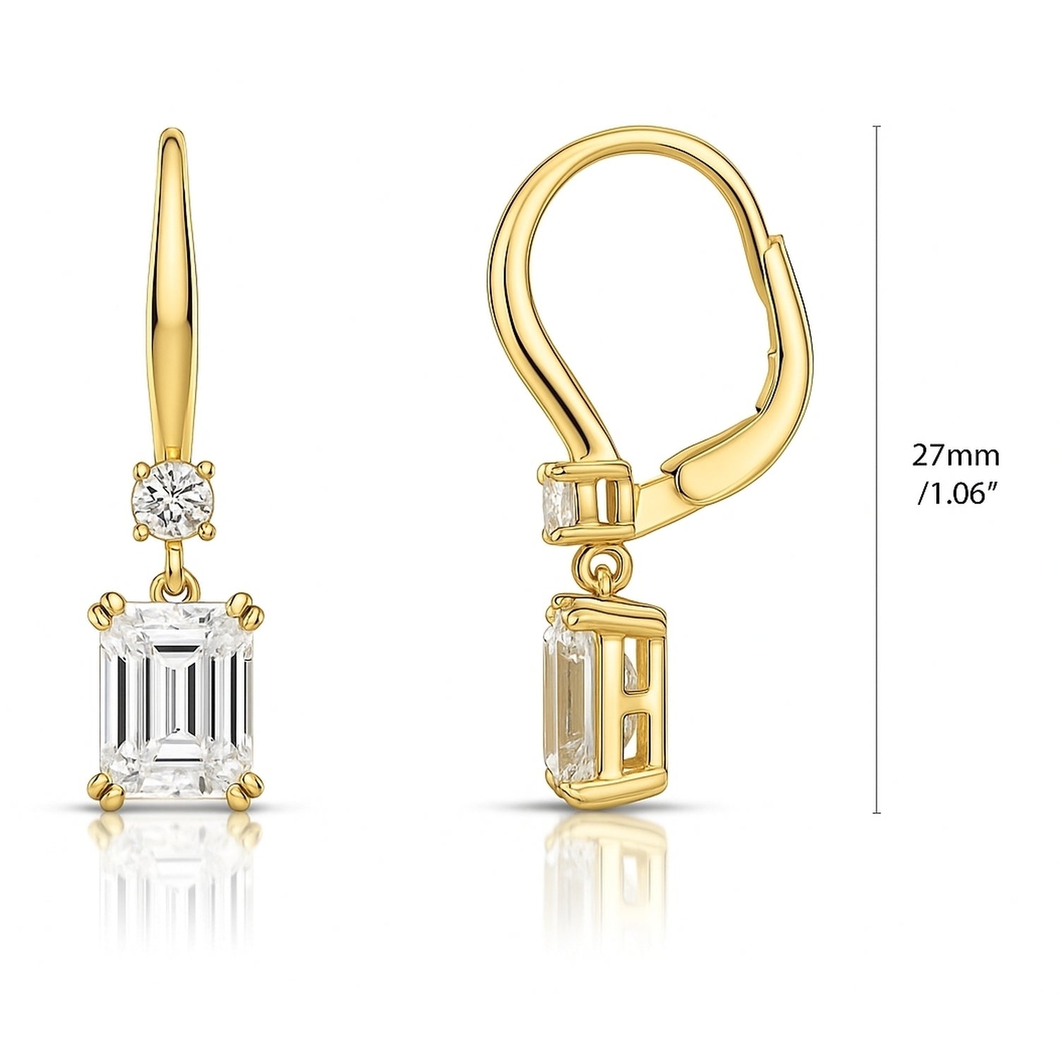 Solitaire Emerald Cut CZ Leverback Earrings in Sterling Silver, Yellow Gold Flashed