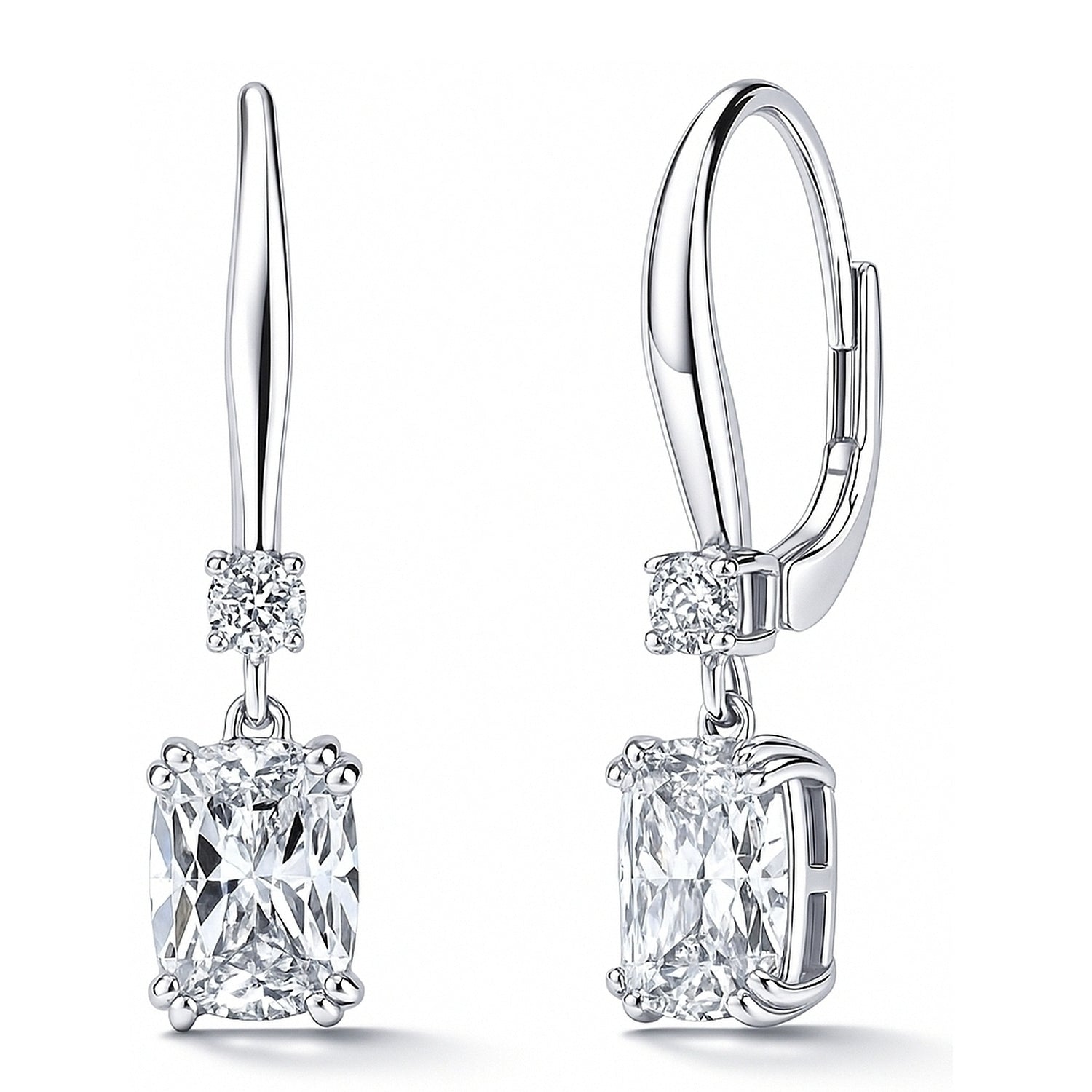 Solitaire 3.2ct Cushion CZ Leverback Earrings in Sterling Silver