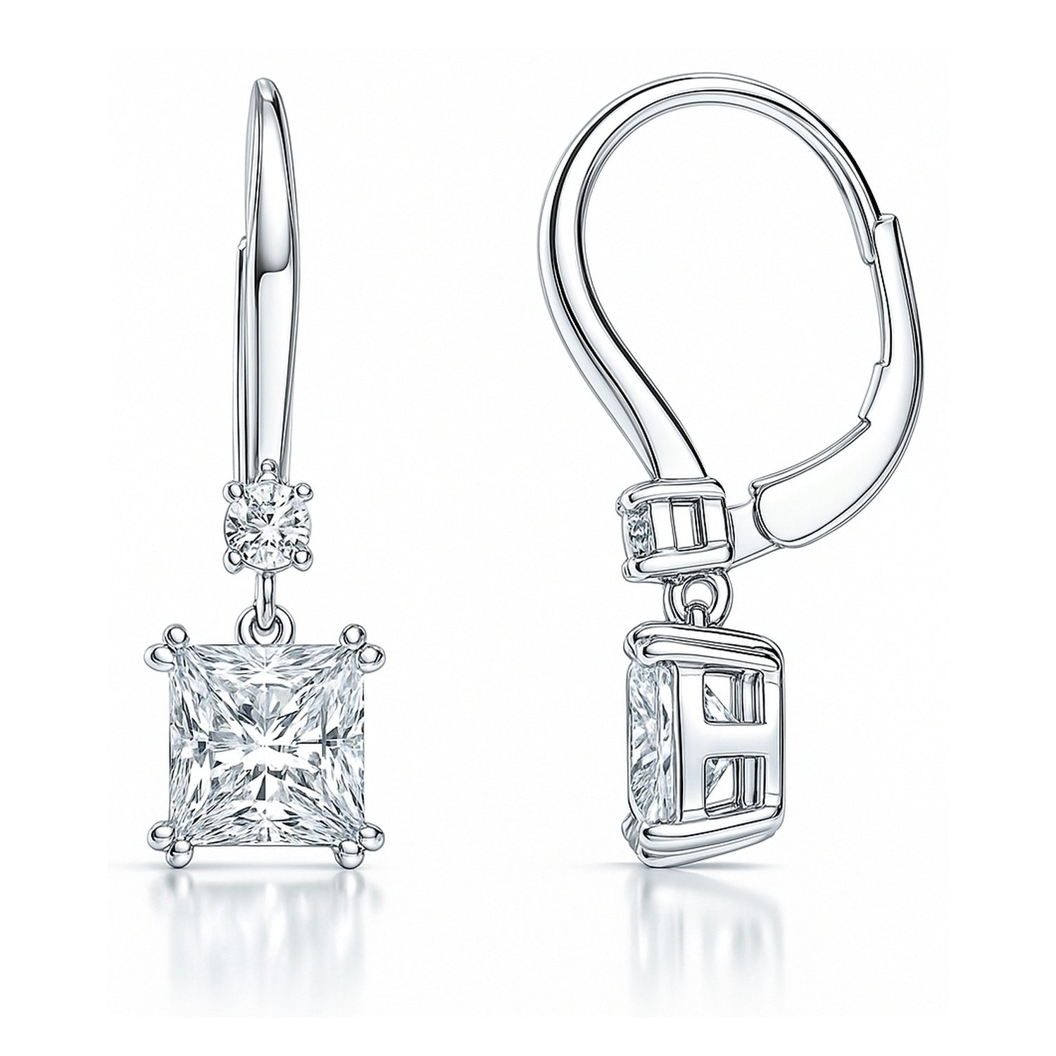 Solitaire 3.2ct Princess CZ Leverback Earrings in Sterling Silver